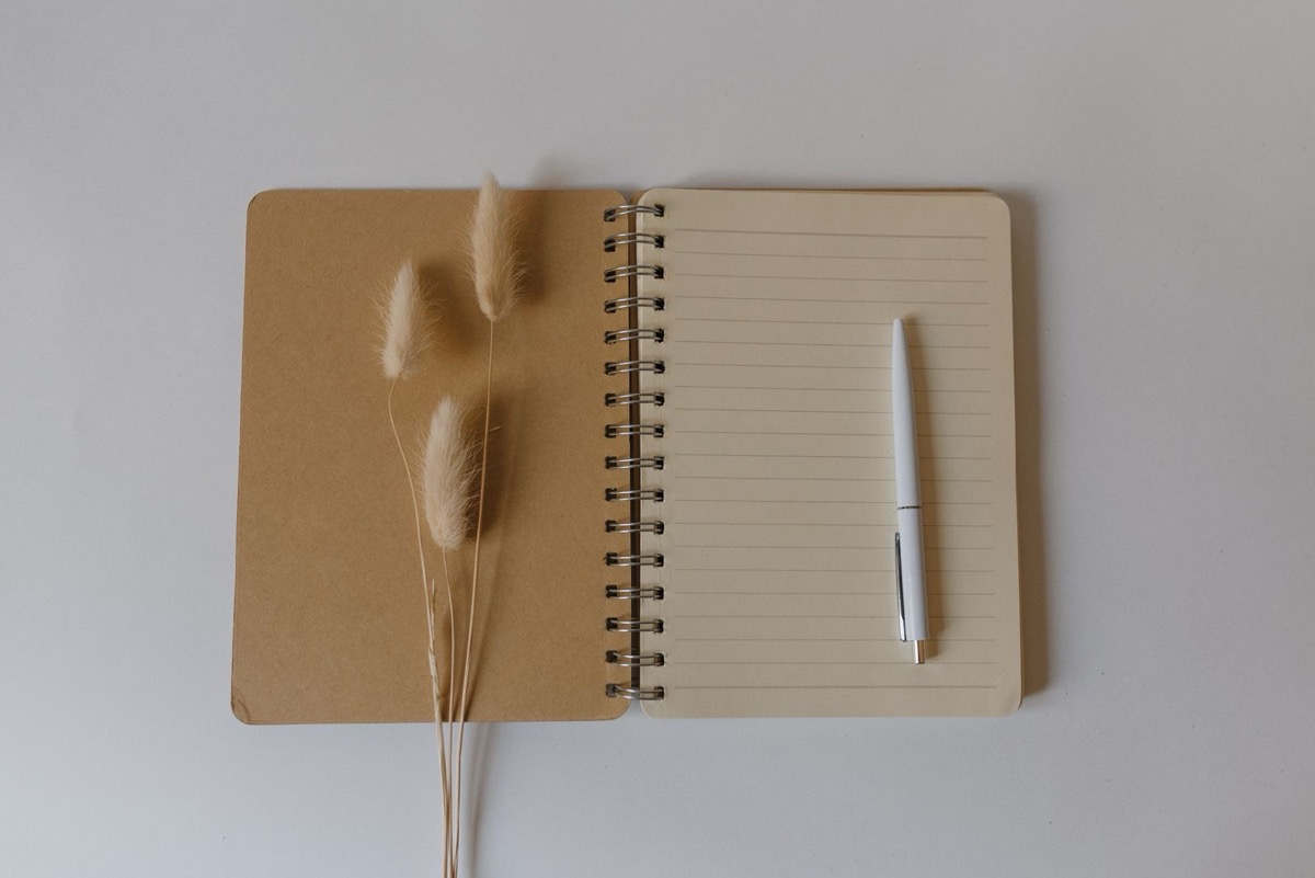 An open spiral notebook with blank ruled pages and a white pen beside dried grass on a pale surface